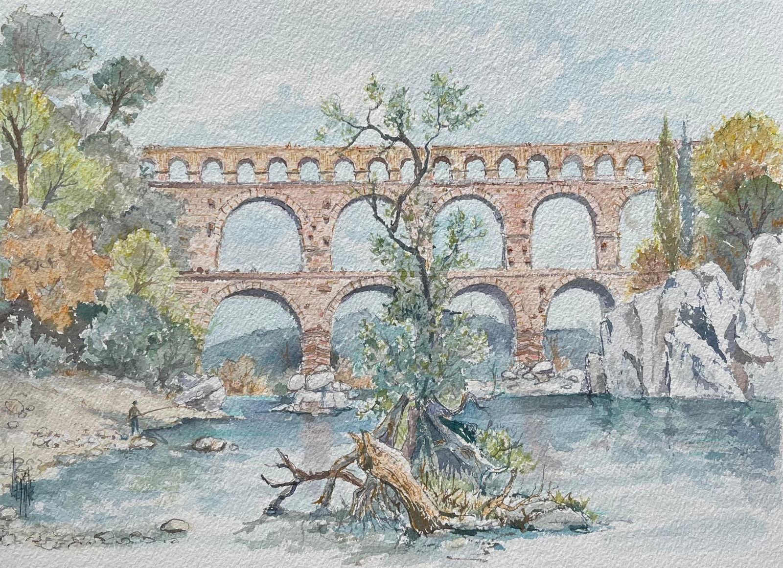 Robert Lepine (1929 - 2017); Provence Watercolor of Pont du Gard Roman Aqueduct & River Scene, 20th - 15