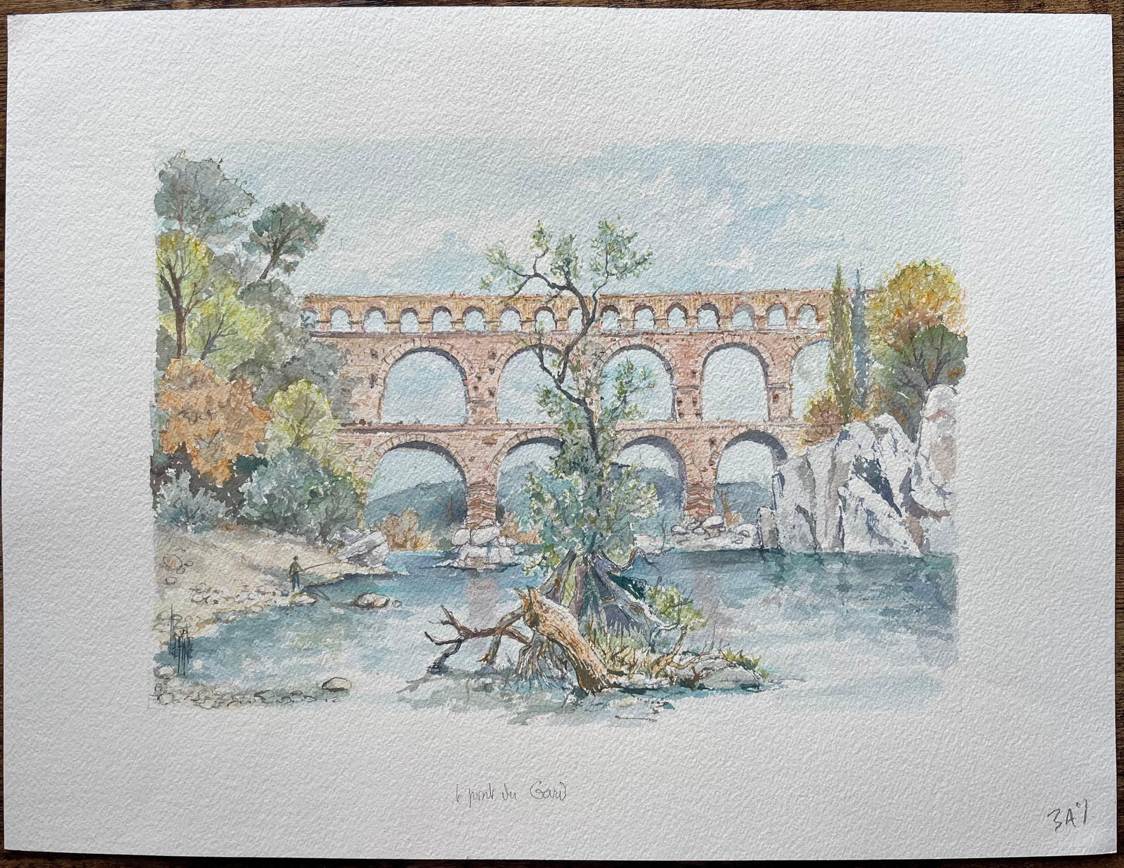 Robert Lepine (1929 - 2017); Provence Watercolor of Pont du Gard Roman Aqueduct & River Scene, 20th - 16