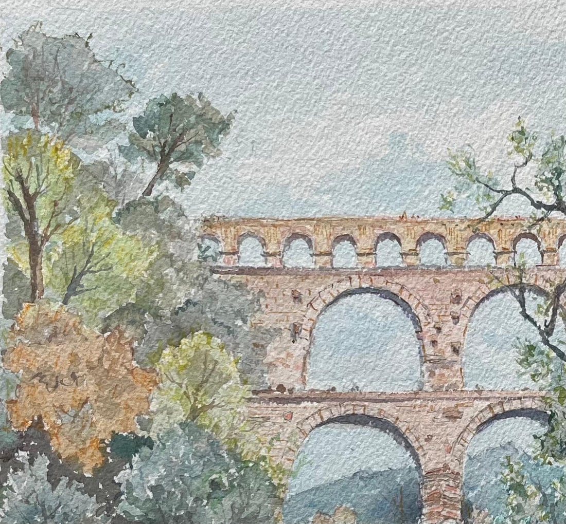 Robert Lepine (1929 - 2017); Provence Watercolor of Pont du Gard Roman Aqueduct & River Scene, 20th - 17