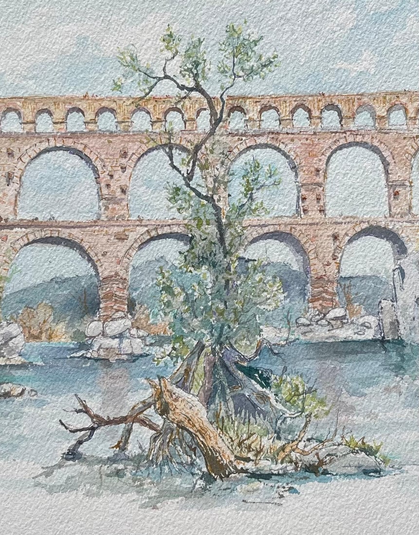 Robert Lepine (1929 - 2017); Provence Watercolor of Pont du Gard Roman Aqueduct & River Scene, 20th - 19