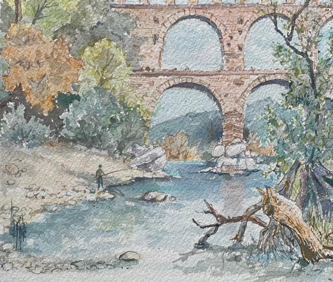 Robert Lepine (1929 - 2017); Provence Watercolor of Pont du Gard Roman Aqueduct & River Scene, 20th - 20