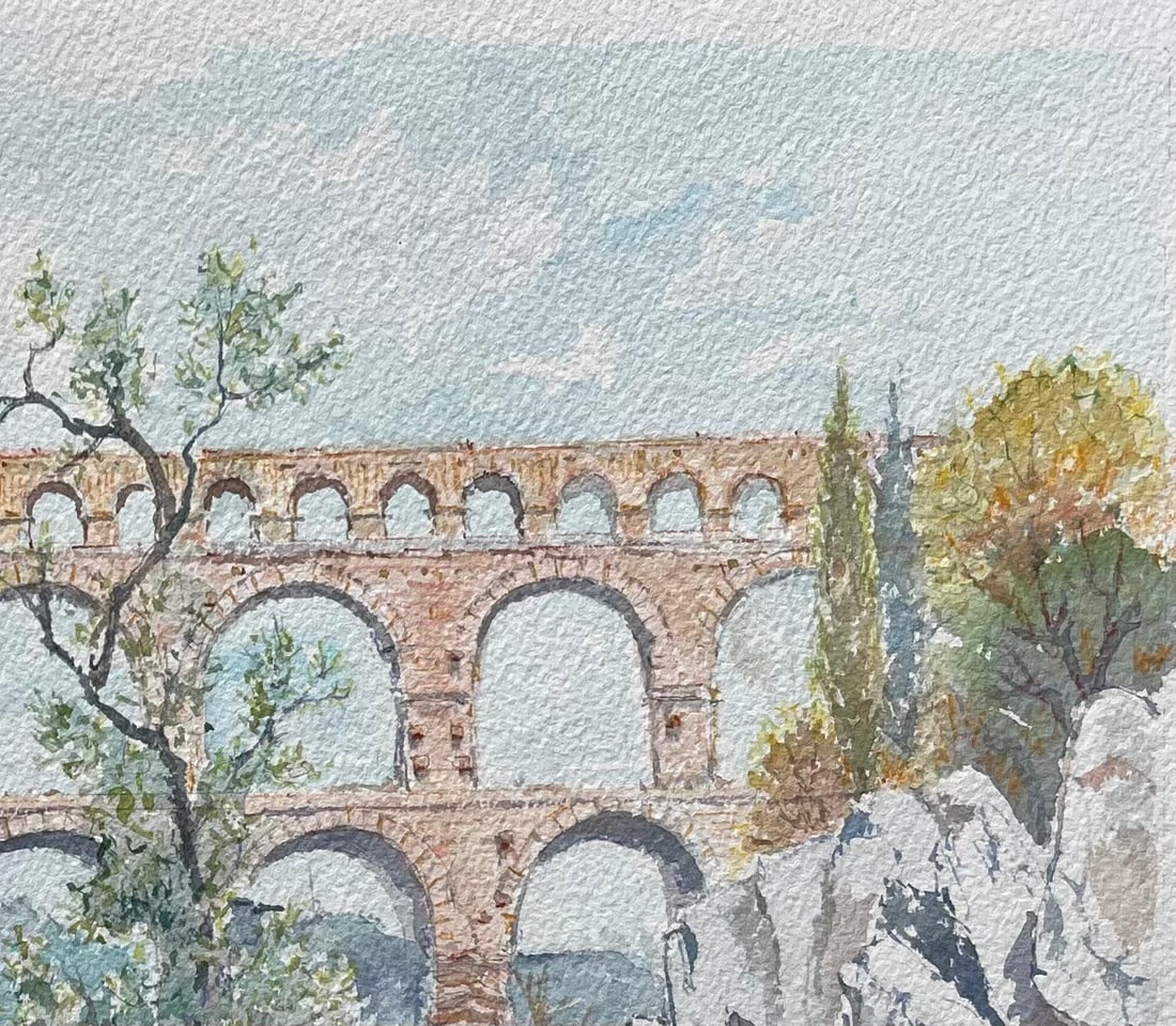 Robert Lepine (1929 - 2017); Provence Watercolor of Pont du Gard Roman Aqueduct & River Scene, 20th - 2