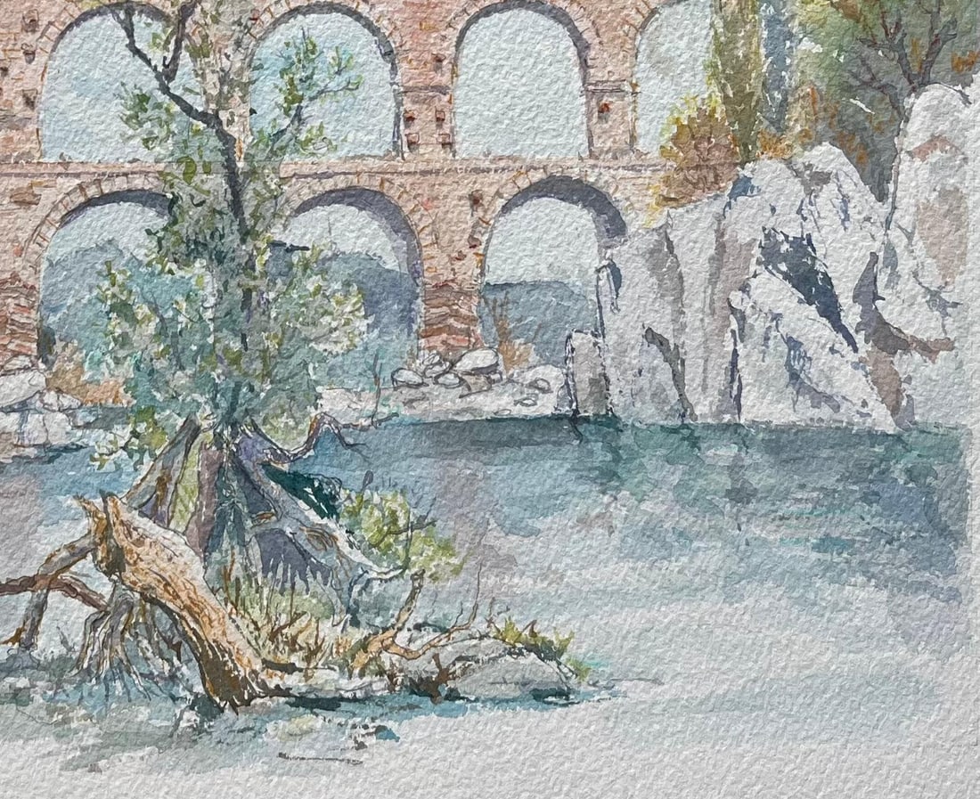 Robert Lepine (1929 - 2017); Provence Watercolor of Pont du Gard Roman Aqueduct & River Scene, 20th - 5