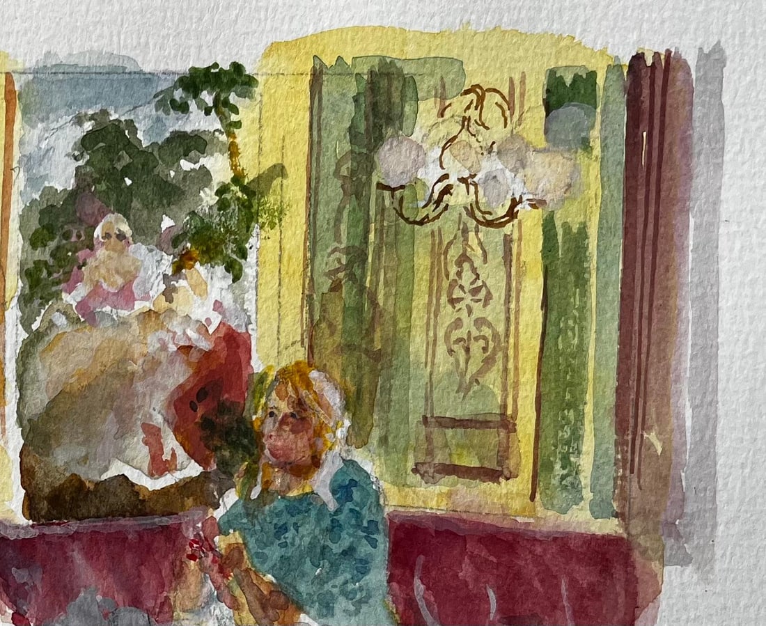 Anthony Herbert; Café Interior with Man and Woman Seated Burgundy Banquette and Parisian Dé - 7