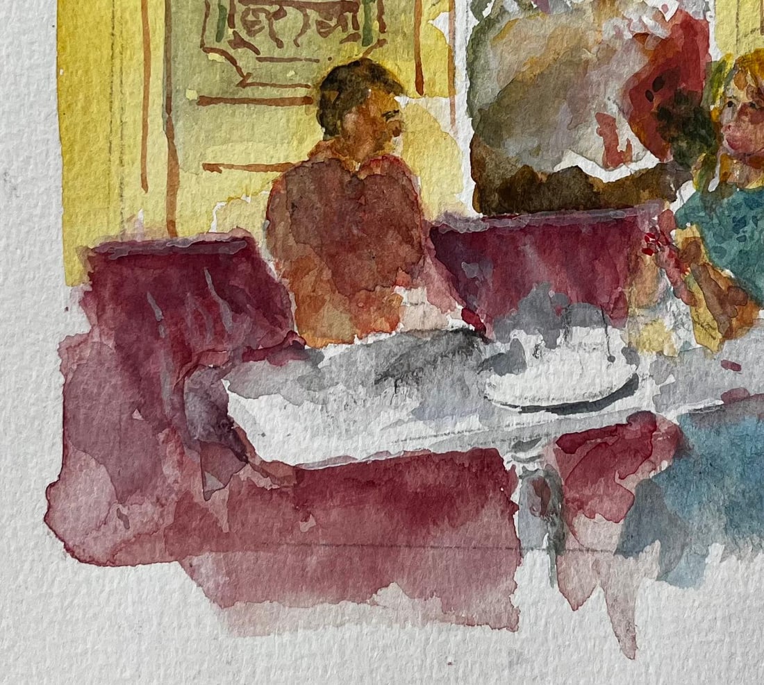 Anthony Herbert; Café Interior with Man and Woman Seated Burgundy Banquette and Parisian Dé - 8