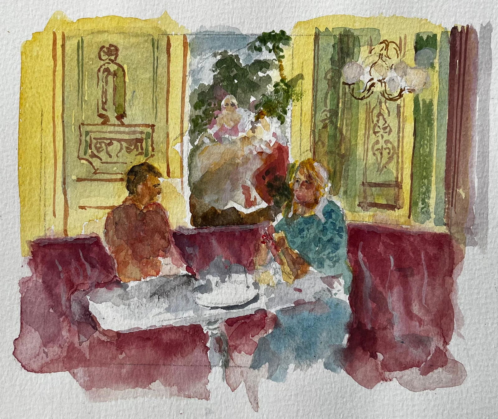 Anthony Herbert; Café Interior with Man and Woman Seated Burgundy Banquette and Parisian Dé - 12