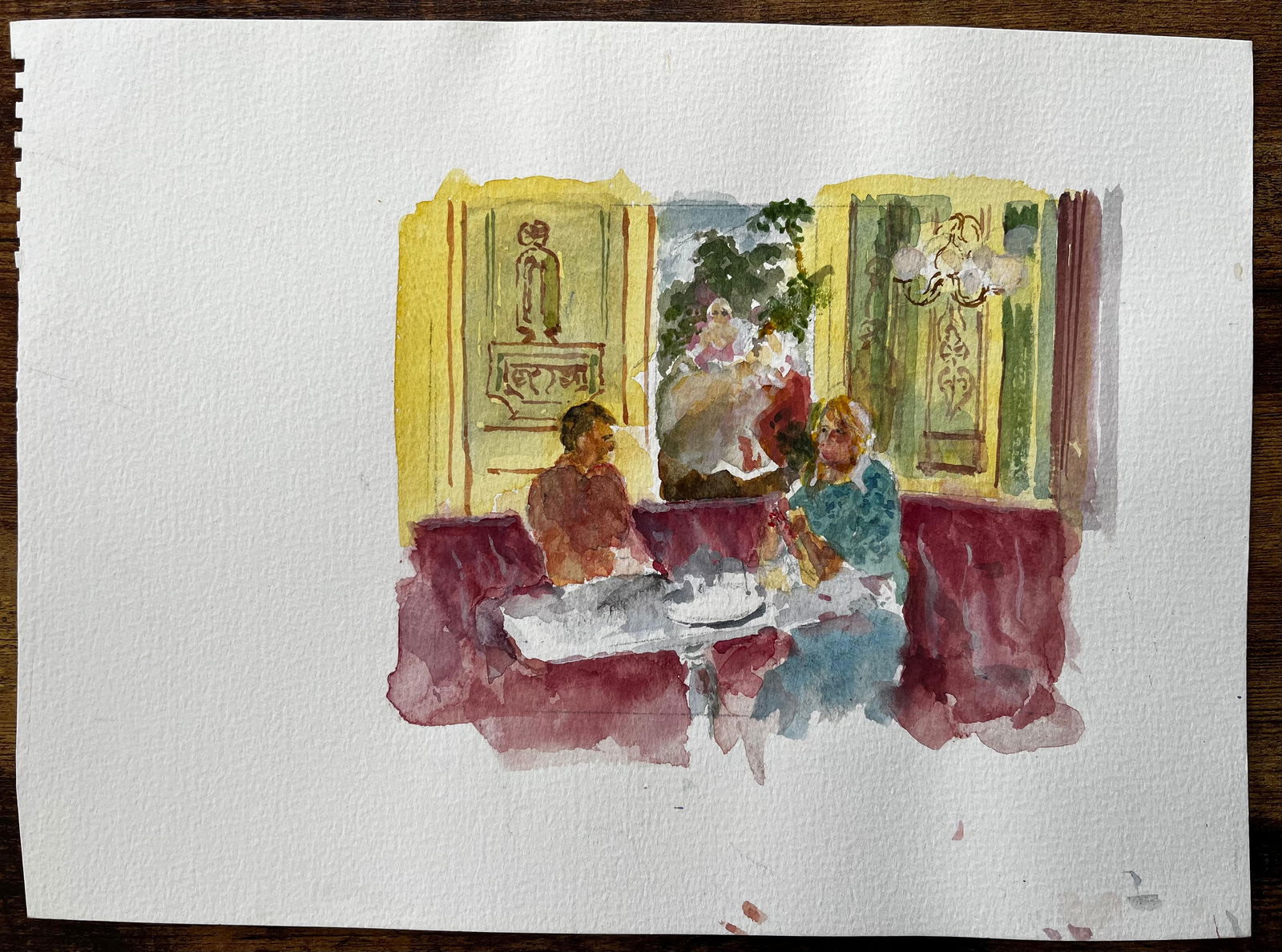 Anthony Herbert; Café Interior with Man and Woman Seated Burgundy Banquette and Parisian Dé - 13