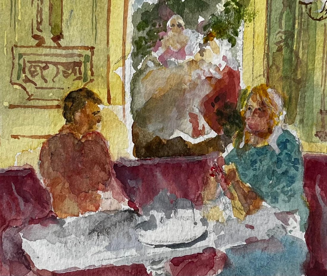 Anthony Herbert; Café Interior with Man and Woman Seated Burgundy Banquette and Parisian Dé - 2