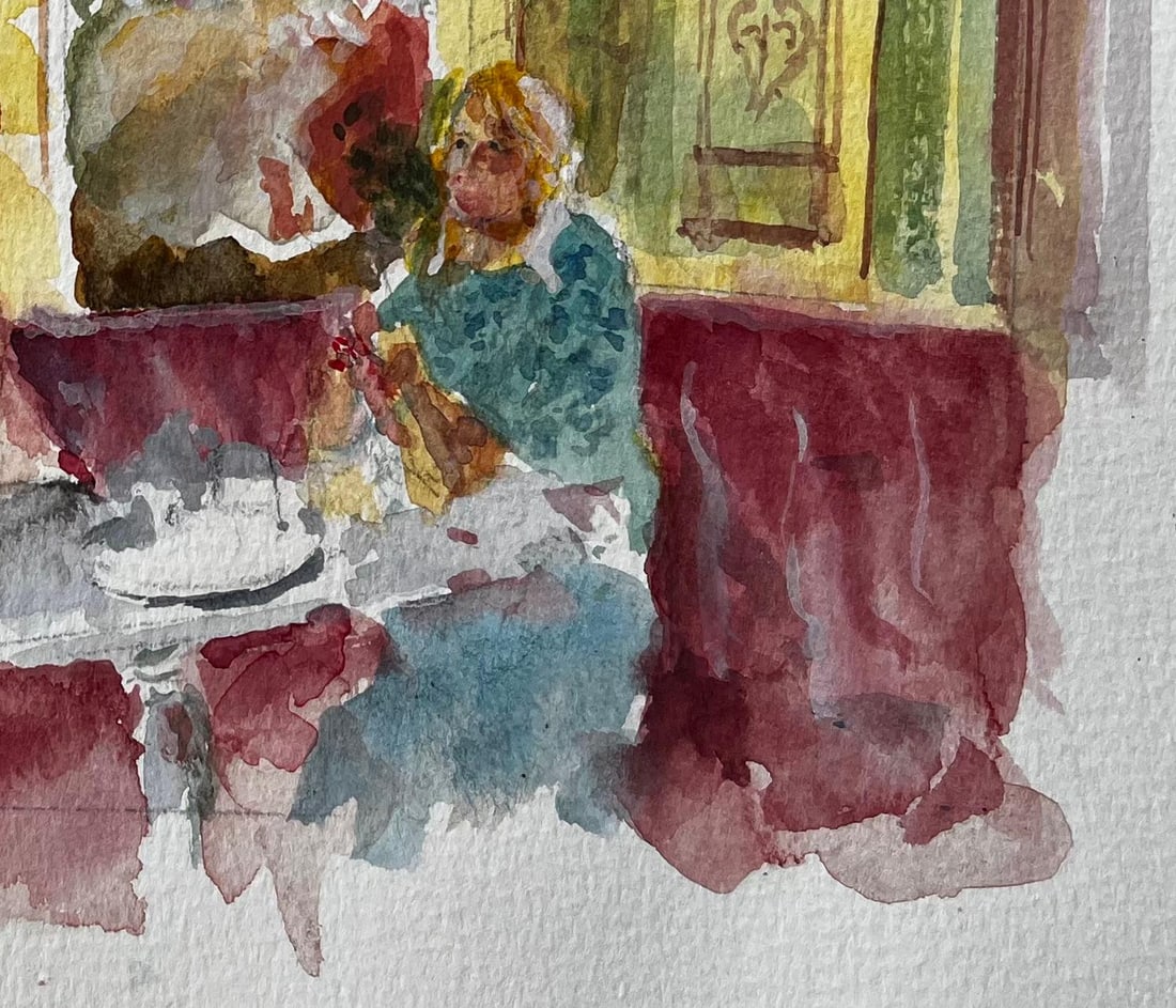 Anthony Herbert; Café Interior with Man and Woman Seated Burgundy Banquette and Parisian Dé - 6