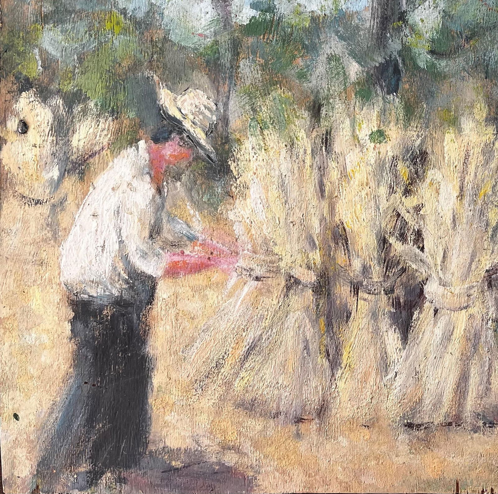 Fanch Lel; French Rural Harvest Scene With Farm Workers Bundling Wheat In Forest Landscape - 7