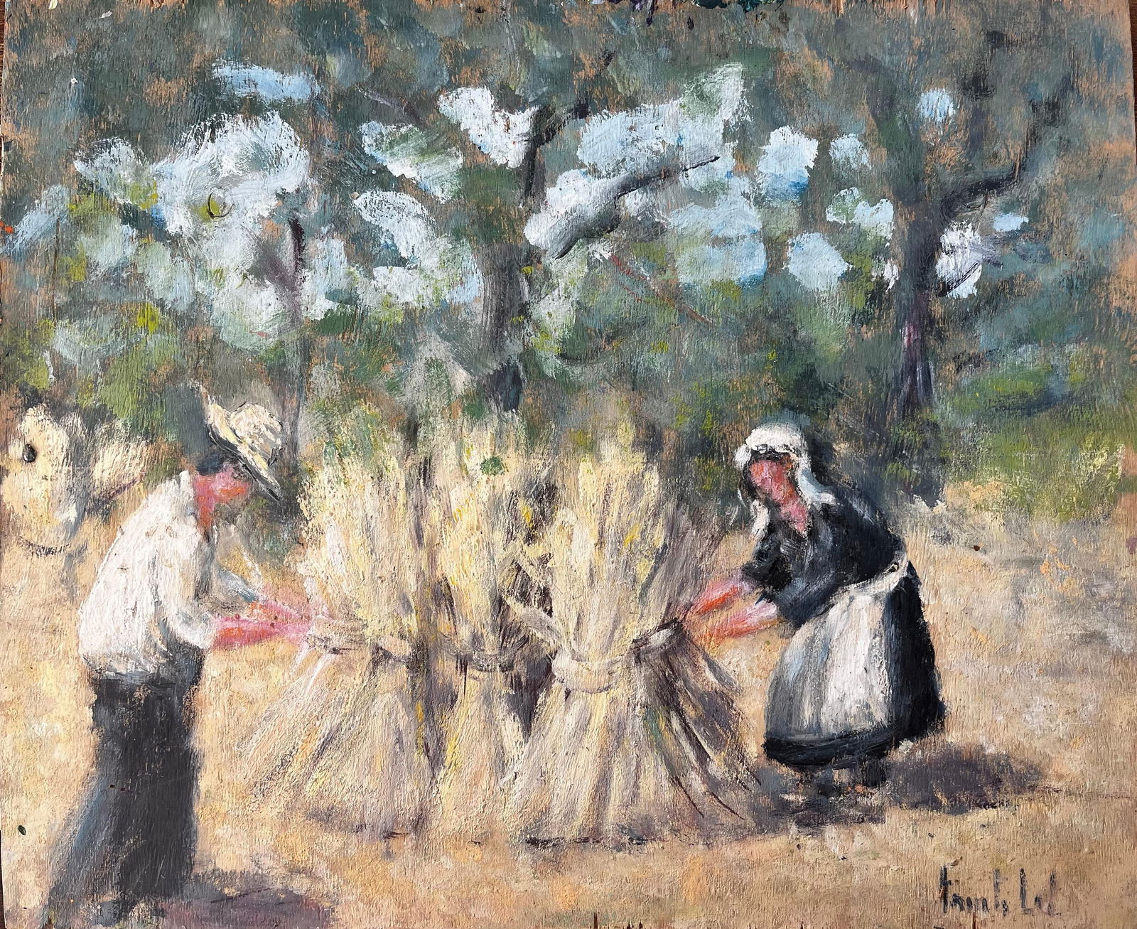 Fanch Lel; French Rural Harvest Scene With Farm Workers Bundling Wheat In Forest Landscape - 12