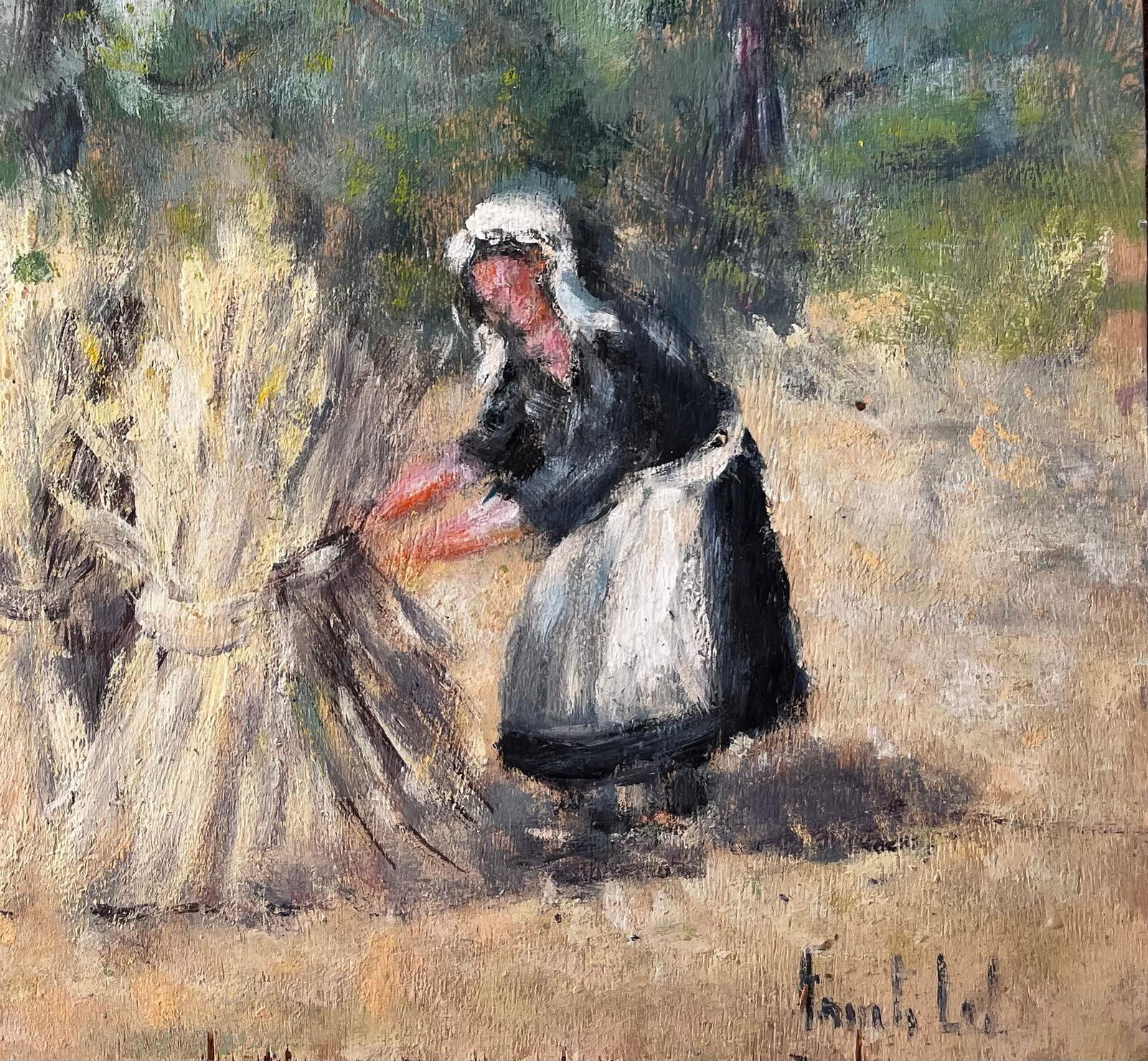 Fanch Lel; French Rural Harvest Scene With Farm Workers Bundling Wheat In Forest Landscape - 14