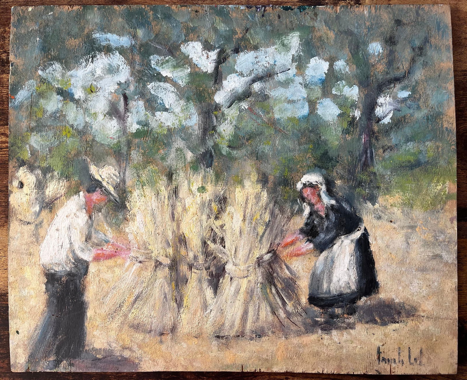 Fanch Lel; French Rural Harvest Scene With Farm Workers Bundling Wheat In Forest Landscape - 5