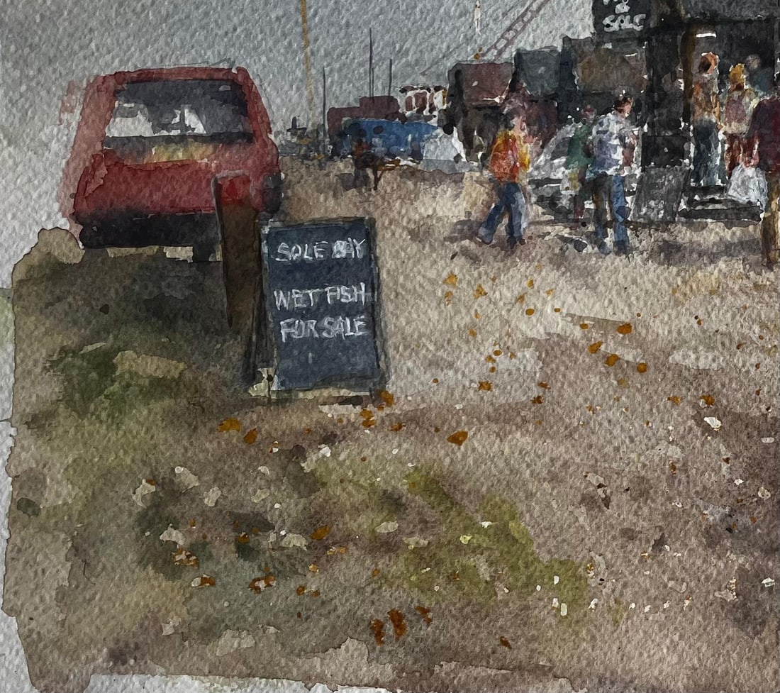 Anthony Herbert; Southwold Harbour Fish Market Scene with Figures and Sheds Original Watercolour - 8