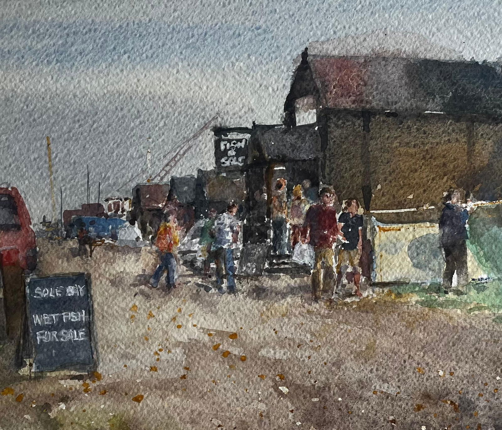 Anthony Herbert; Southwold Harbour Fish Market Scene with Figures and Sheds Original Watercolour - 10