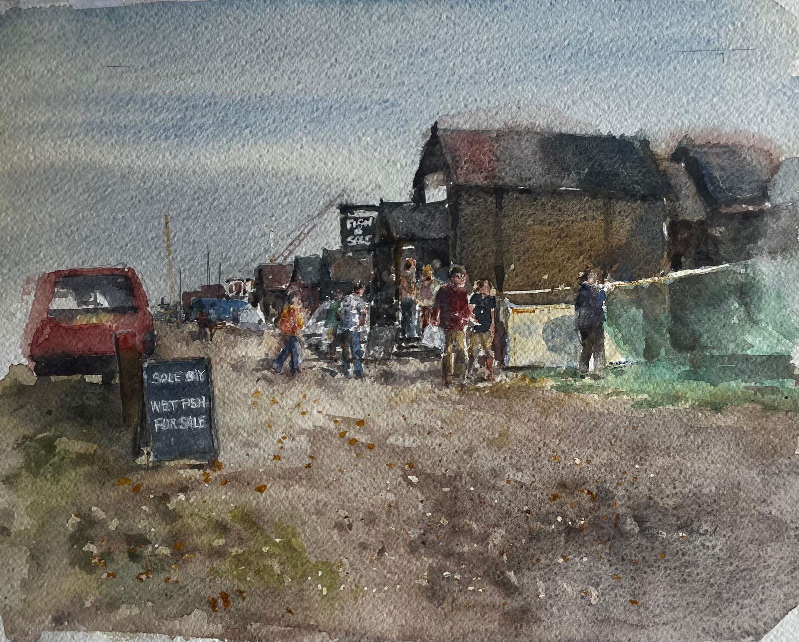 Anthony Herbert; Southwold Harbour Fish Market Scene with Figures and Sheds Original Watercolour - 4