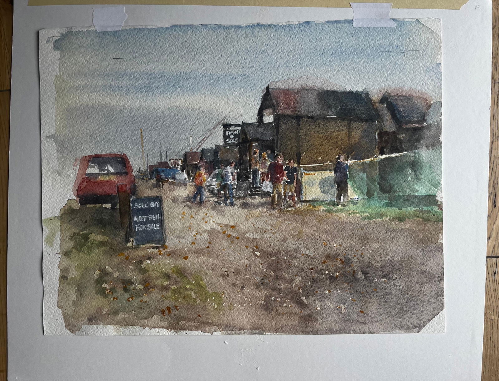 Anthony Herbert; Southwold Harbour Fish Market Scene with Figures and Sheds Original Watercolour - 5