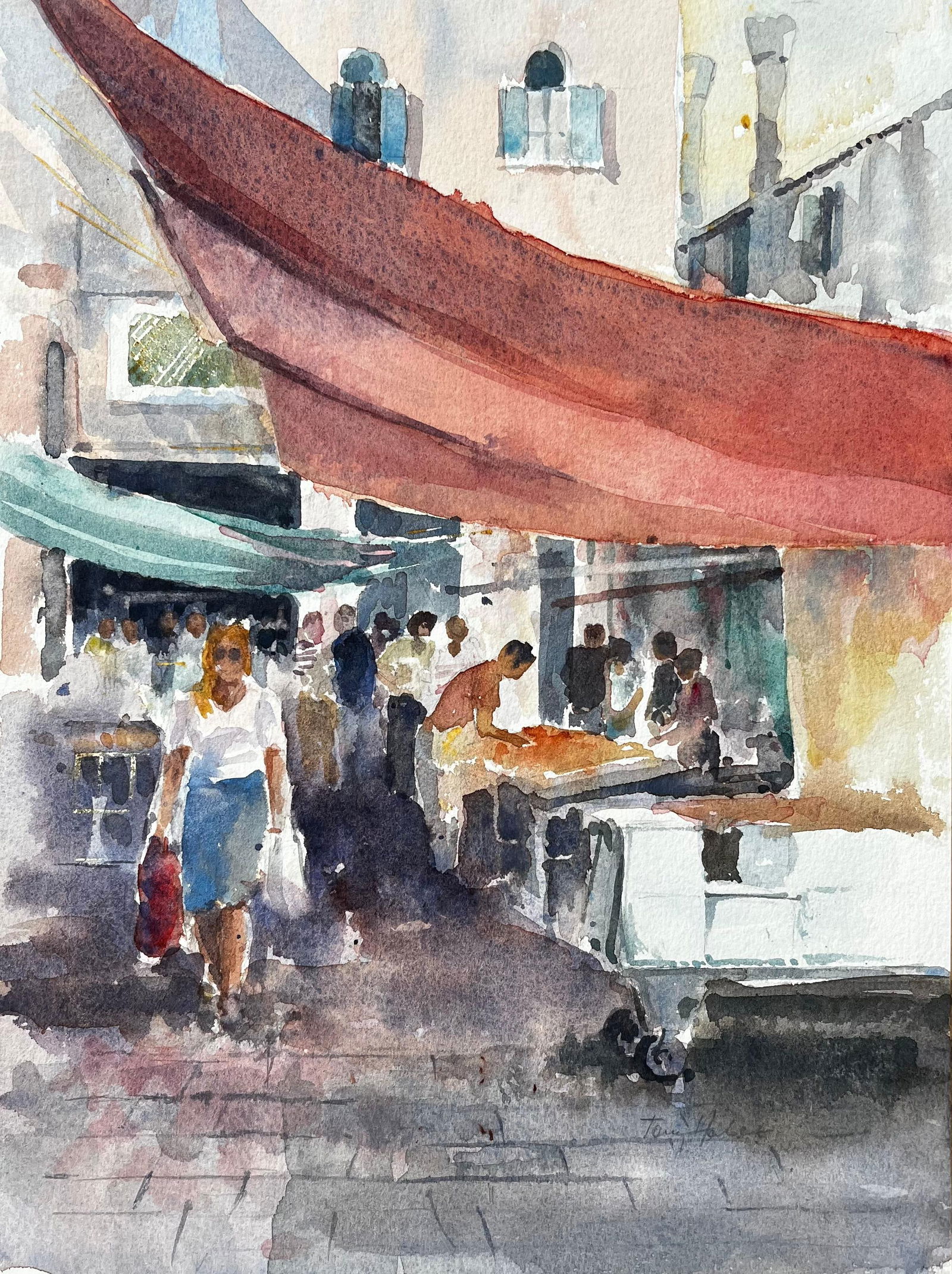 Anthony Herbert; Venice Market Scene With Figures and Canopies Original Watercolour Painting: Title: Anthony Herbert; Venice Market Scene With Figures and Canopies Original Watercolour Painting Description: Title: Cuttleslowe Oxford Landscape with Trees Meadow and Summer Sky by John Steane (b.