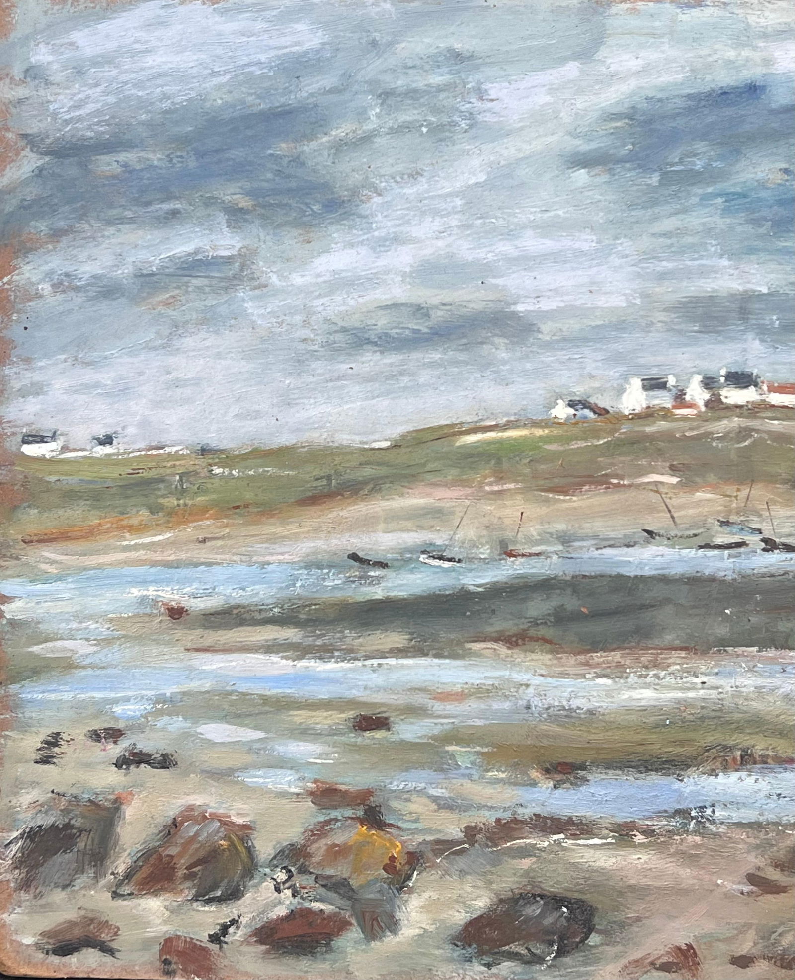 Fanch Lel; Dry Shore with Distant Docked Sailing Boats French Landscape Oil Painting - 8