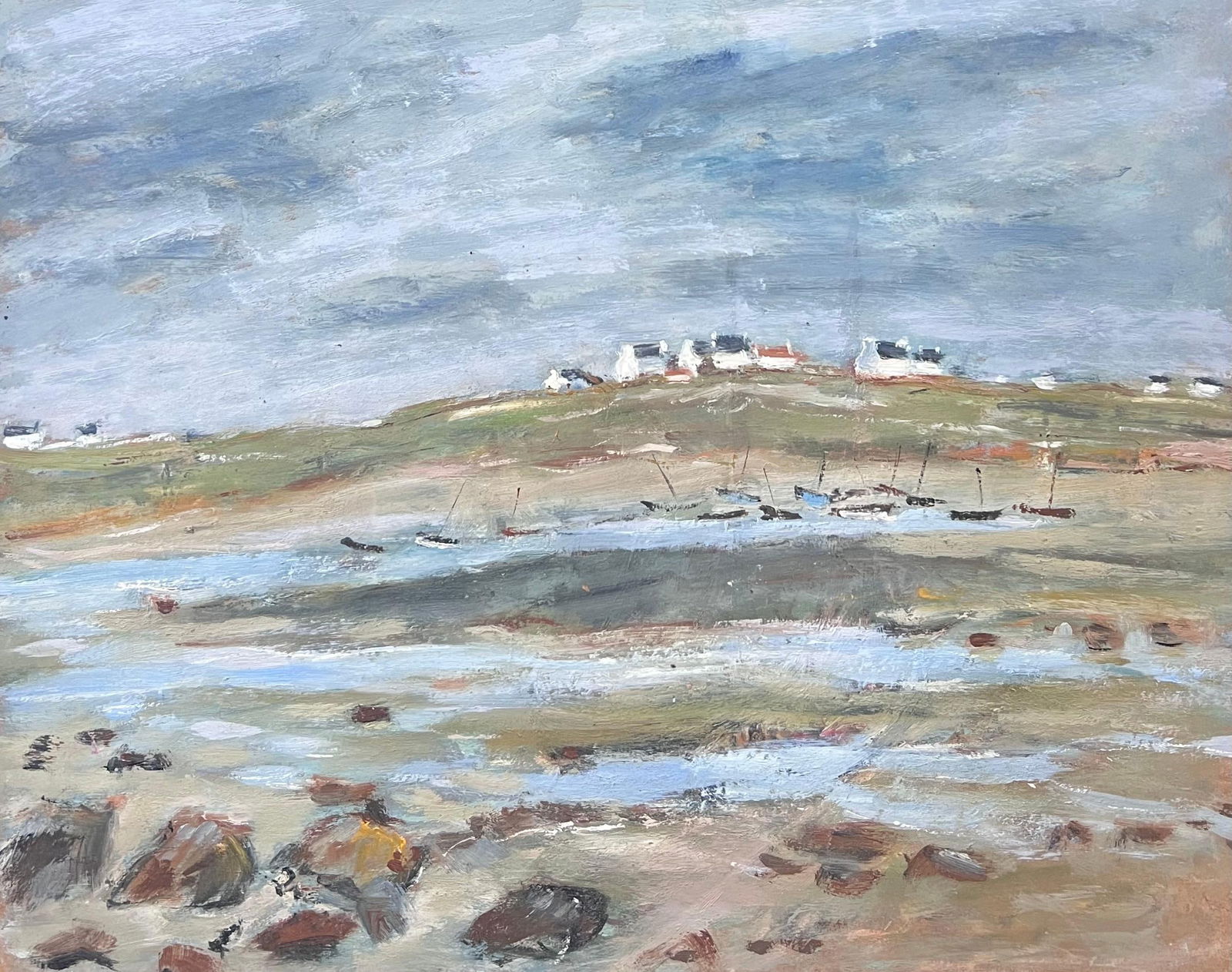 Fanch Lel; Dry Shore with Distant Docked Sailing Boats French Landscape Oil Painting - 4