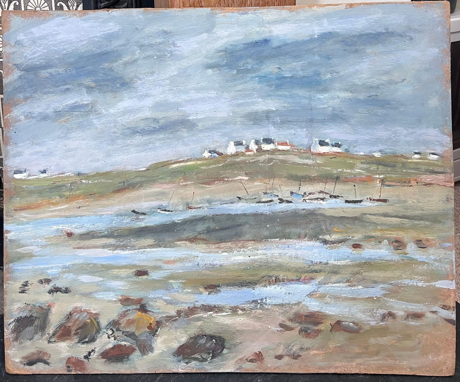 Fanch Lel; Dry Shore with Distant Docked Sailing Boats French Landscape Oil Painting - 5