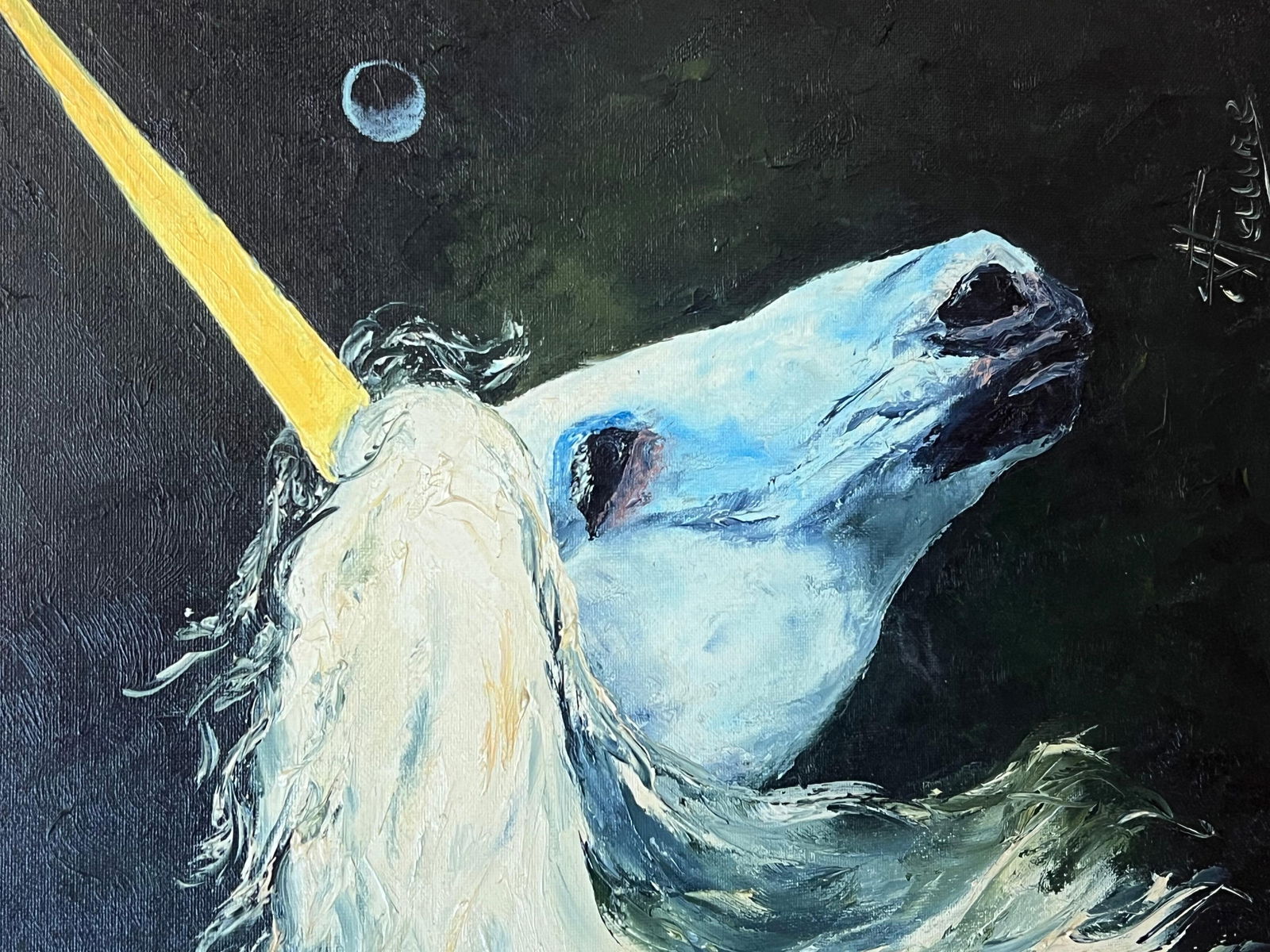 Annie Faure; Portrait of a Majestic Blue Unicorn with a Golden Horn 20th Century Framed - 9