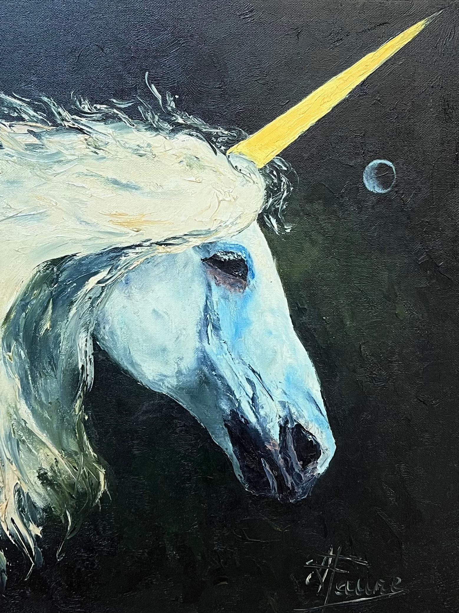 Annie Faure; Portrait of a Majestic Blue Unicorn with a Golden Horn 20th Century Framed - 10