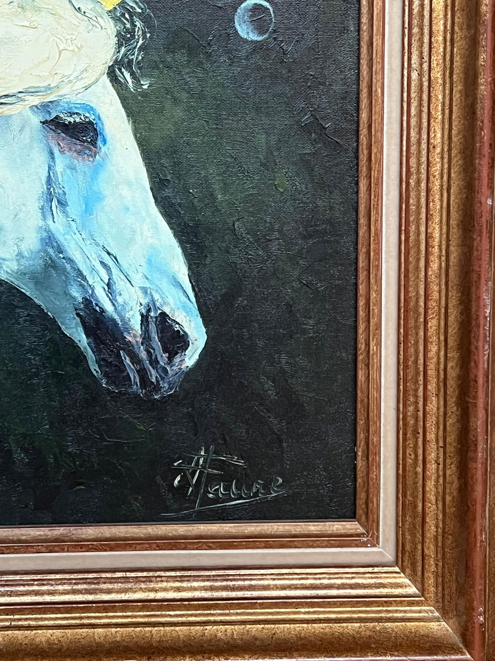 Annie Faure; Portrait of a Majestic Blue Unicorn with a Golden Horn 20th Century Framed - 2