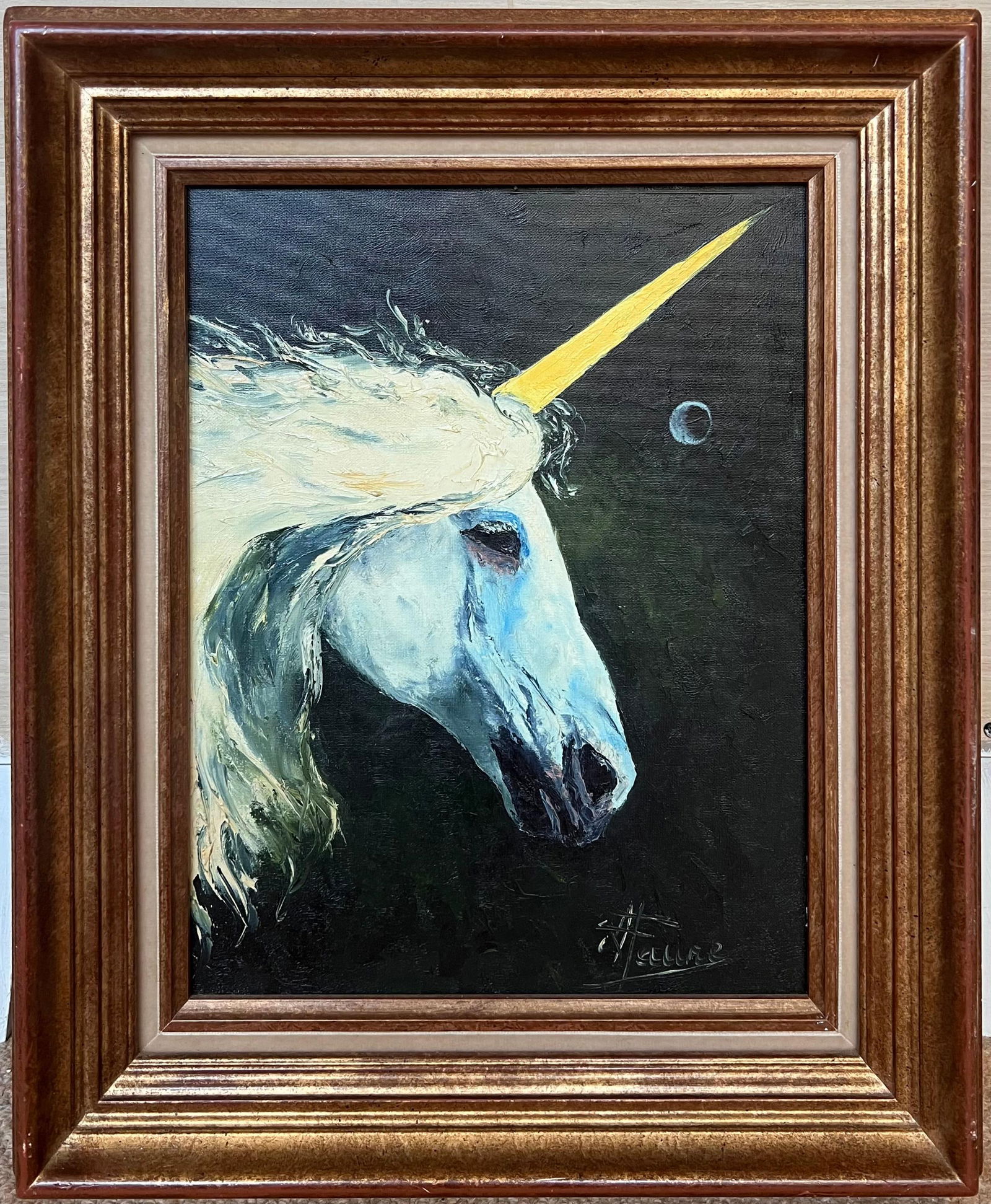 Annie Faure; Portrait of a Majestic Blue Unicorn with a Golden Horn 20th Century Framed - 4