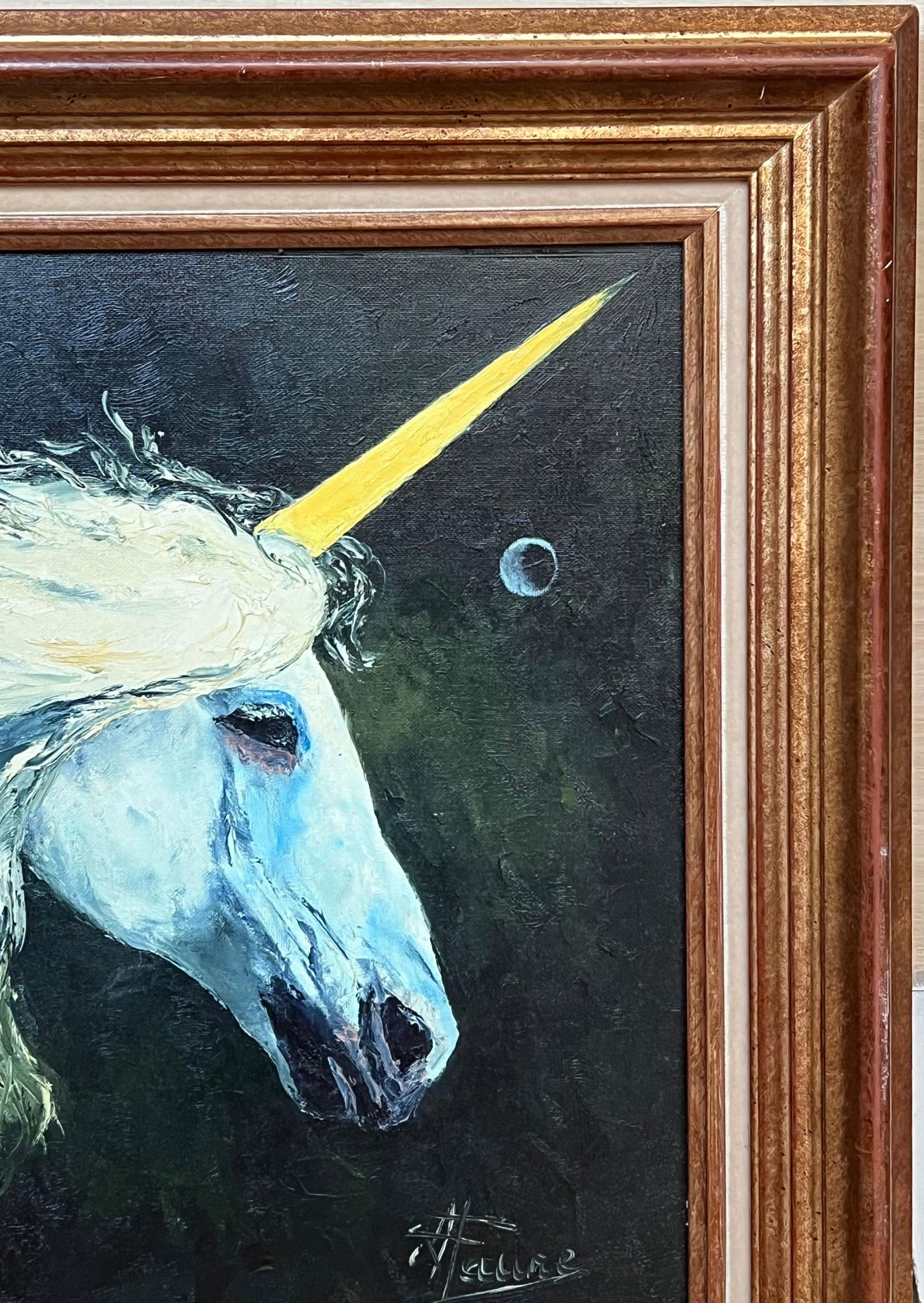 Annie Faure; Portrait of a Majestic Blue Unicorn with a Golden Horn 20th Century Framed - 6