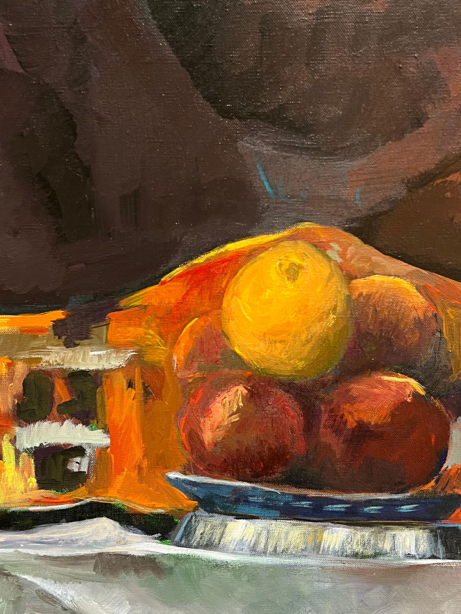 Guy Nicod; Orange and Apples Fruit Bowl Brown Interior Still Life 20th Century French Oil, 1952 - 7