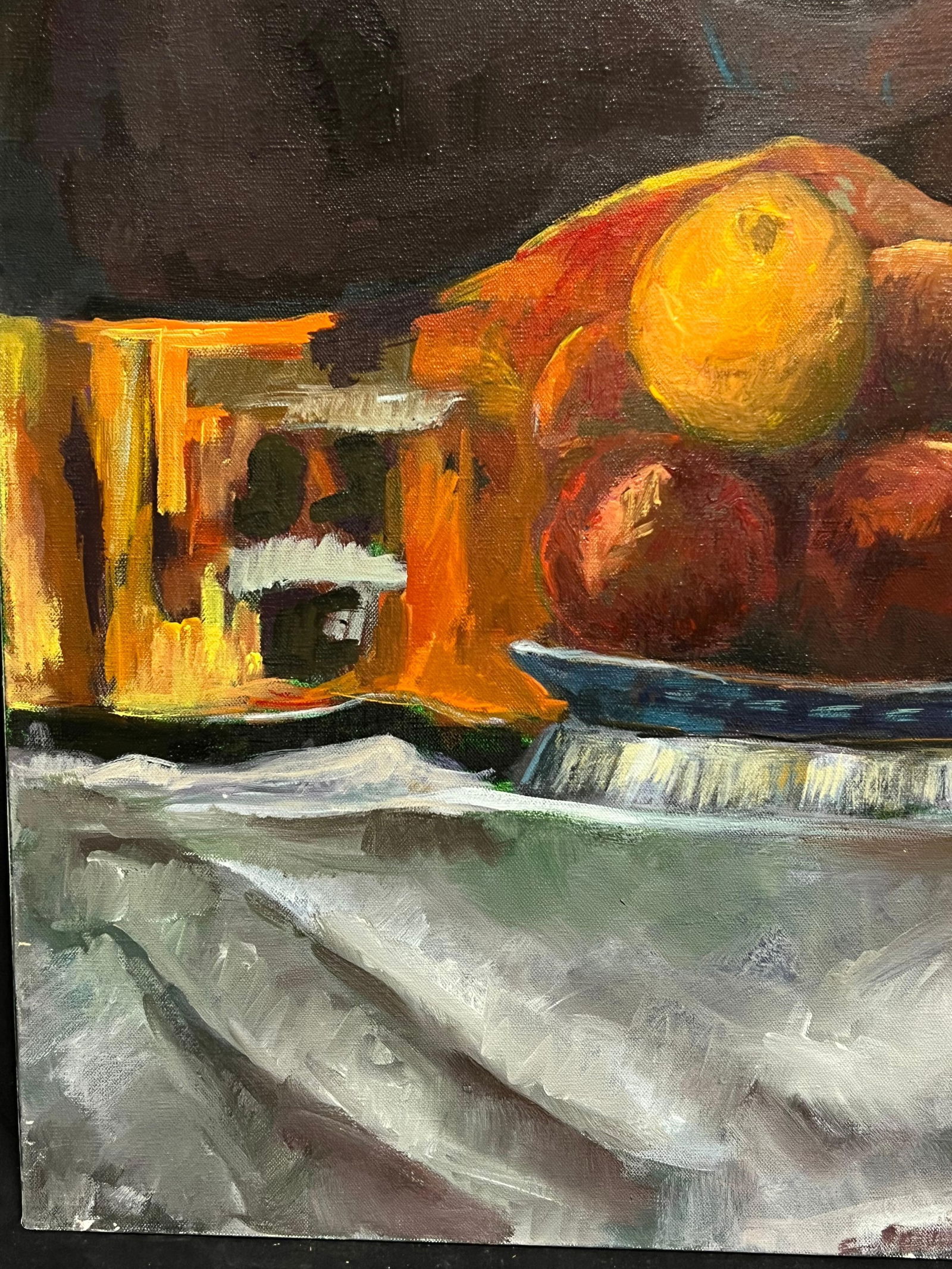 Guy Nicod; Orange and Apples Fruit Bowl Brown Interior Still Life 20th Century French Oil, 1952 - 10