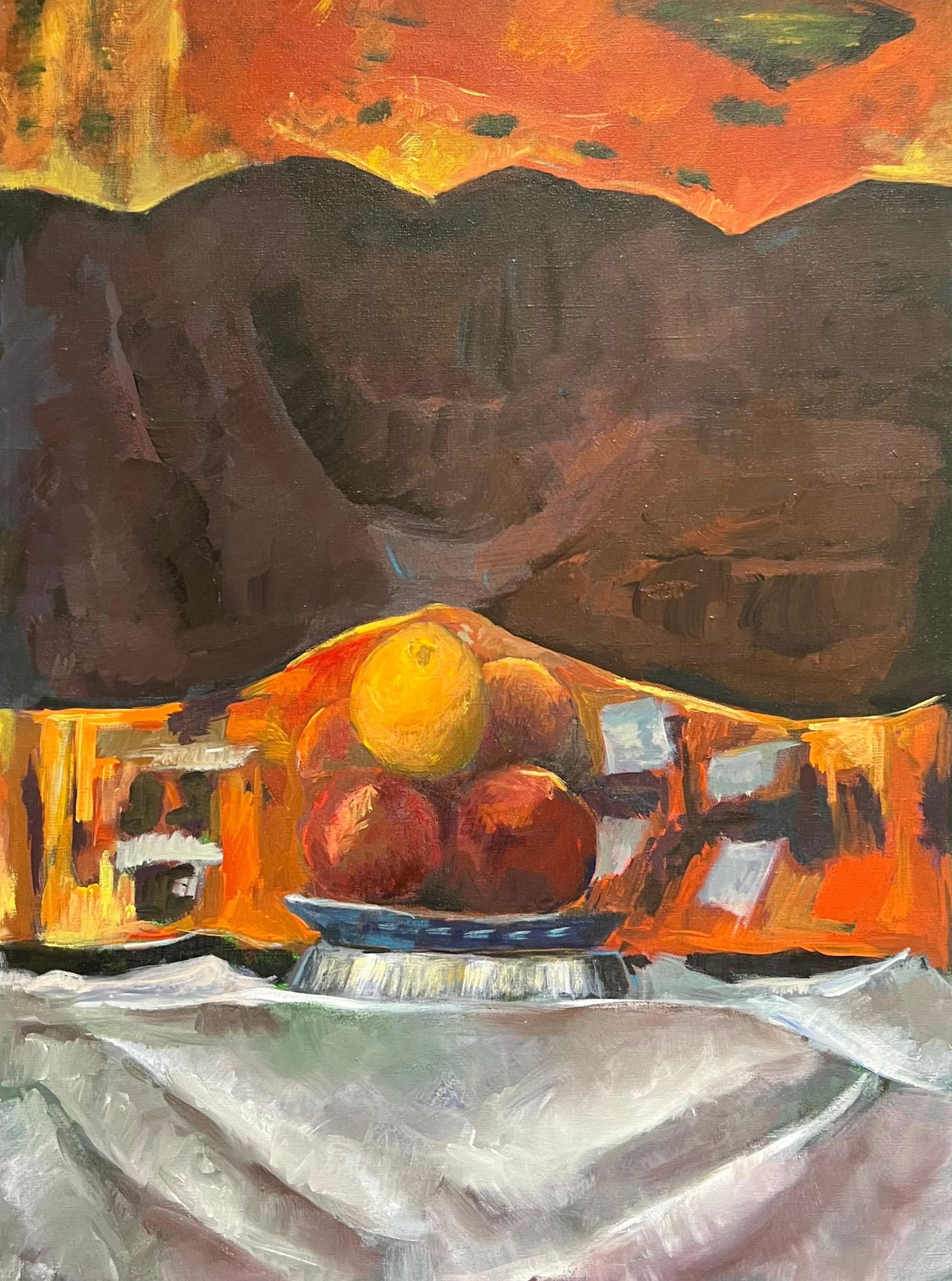 Guy Nicod; Orange and Apples Fruit Bowl Brown Interior Still Life 20th Century French Oil, 1952 - 4
