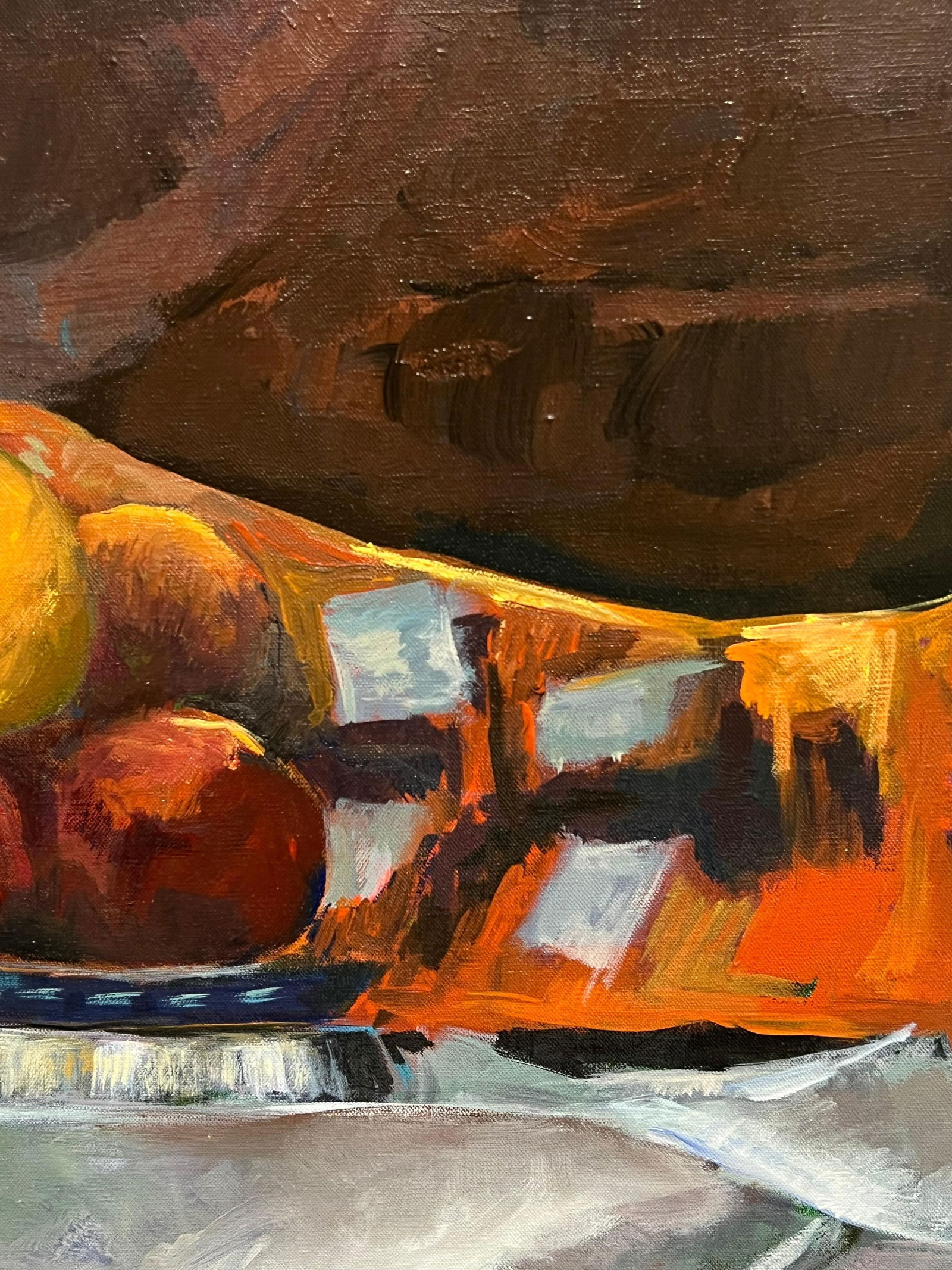 Guy Nicod; Orange and Apples Fruit Bowl Brown Interior Still Life 20th Century French Oil, 1952 - 6