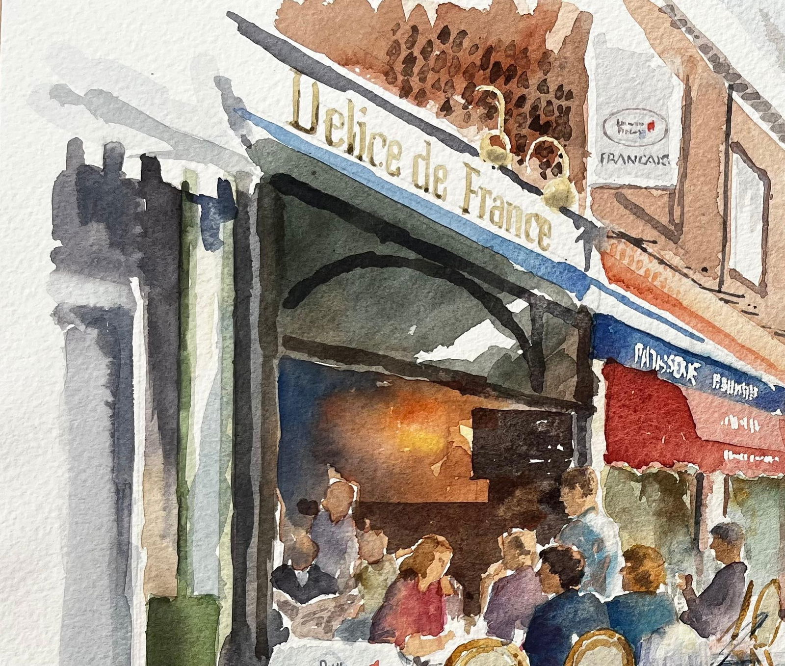 Anthony Herbert; London Café Scene Delice de France with Diners and Red Awnings Street Study - 7