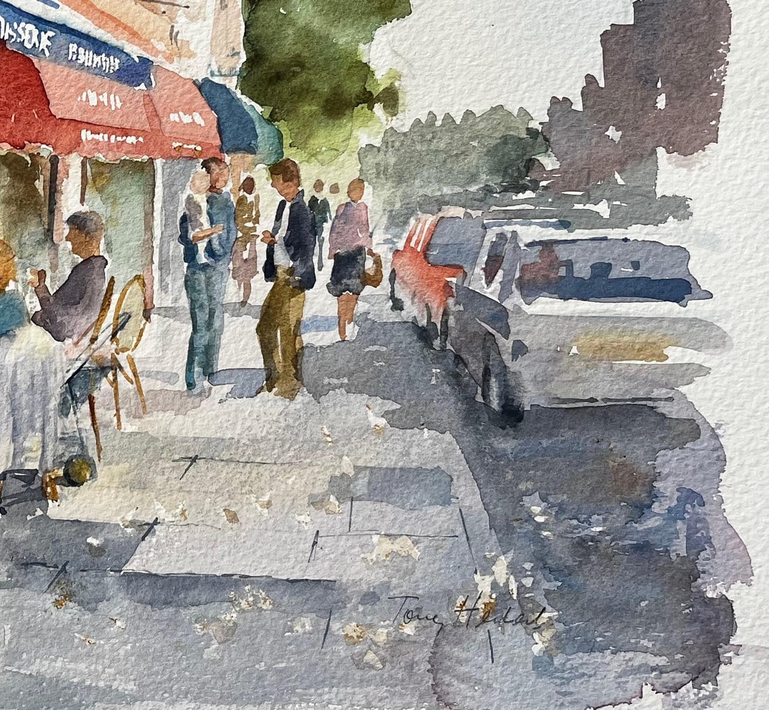 Anthony Herbert; London Café Scene Delice de France with Diners and Red Awnings Street Study - 8