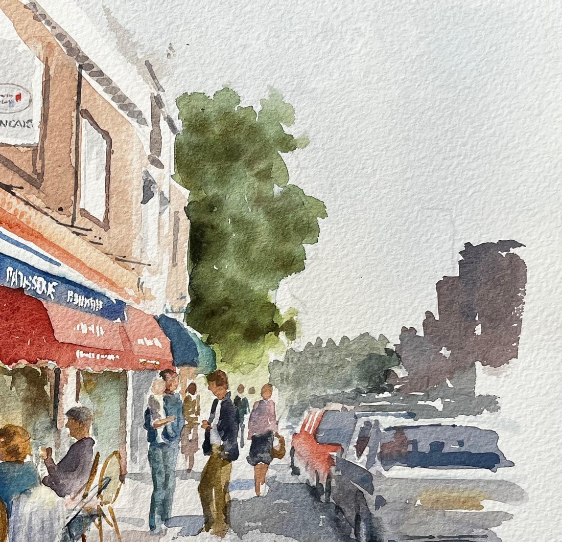 Anthony Herbert; London Café Scene Delice de France with Diners and Red Awnings Street Study - 9