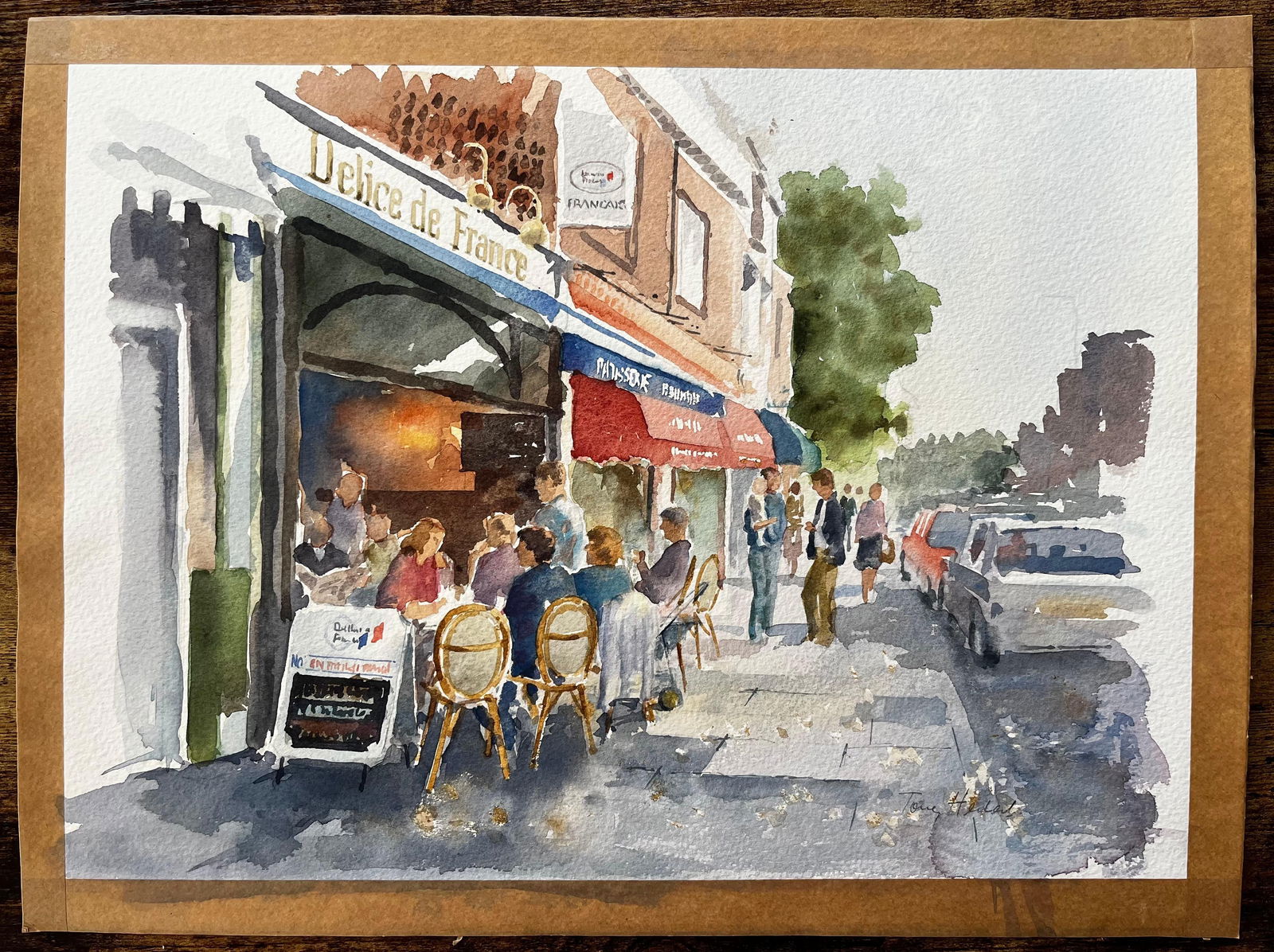 Anthony Herbert; London Café Scene Delice de France with Diners and Red Awnings Street Study - 14