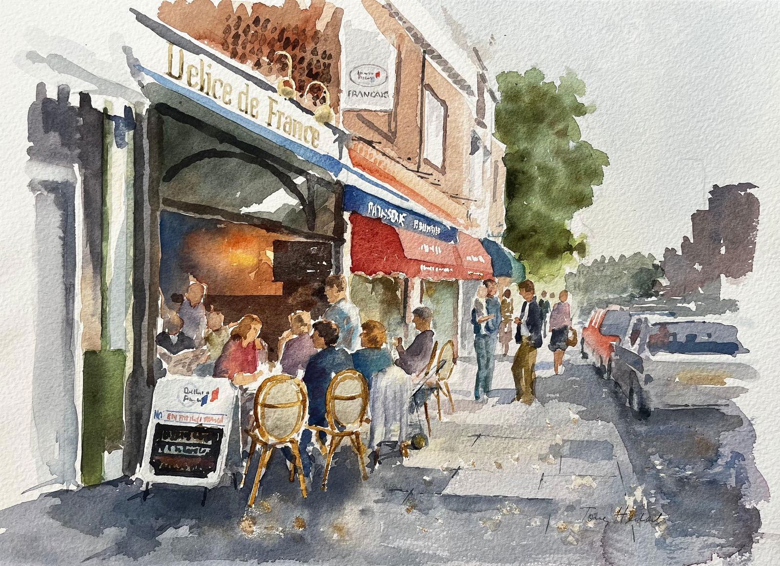 Anthony Herbert; London Café Scene Delice de France with Diners and Red Awnings Street Study - 4