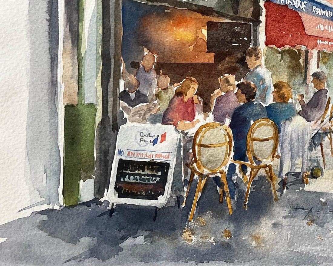 Anthony Herbert; London Café Scene Delice de France with Diners and Red Awnings Street Study - 6