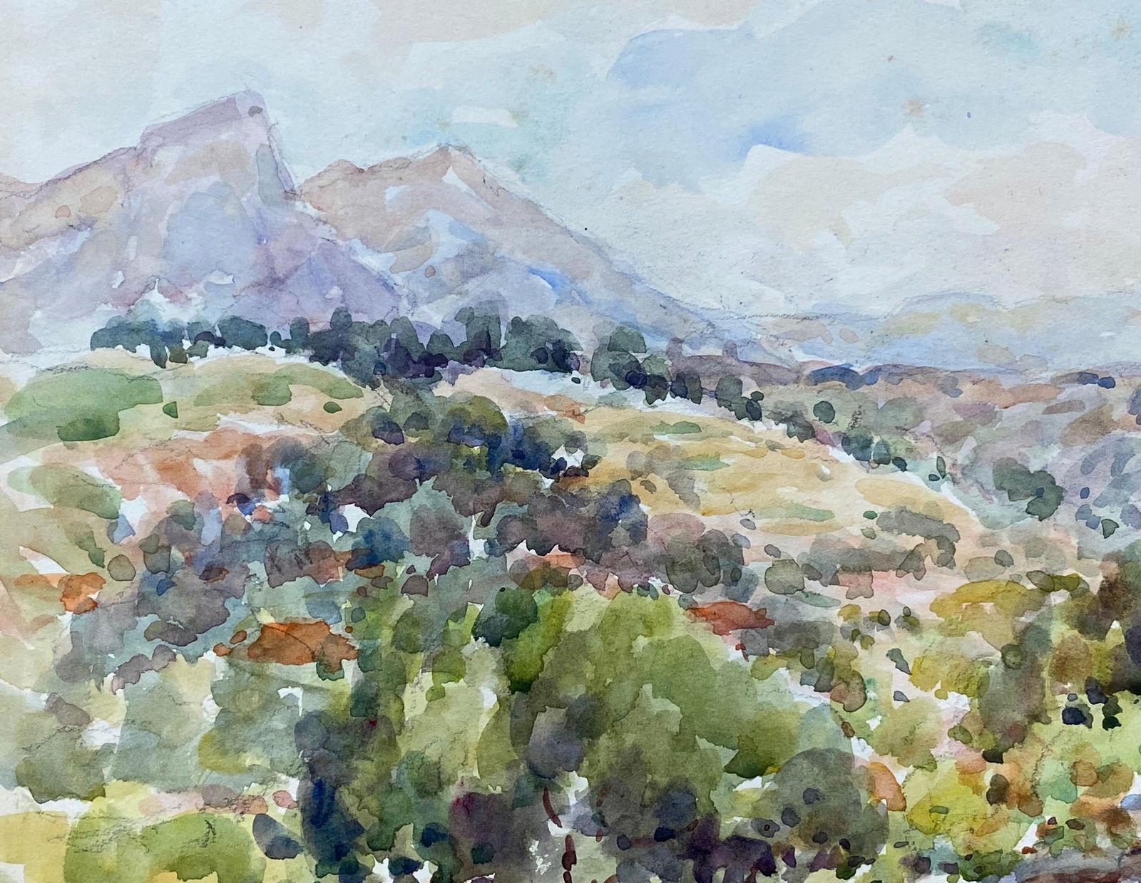 Vence French Signed Watercolour Painting, Open Bright Landscape, circa 1940s - 15