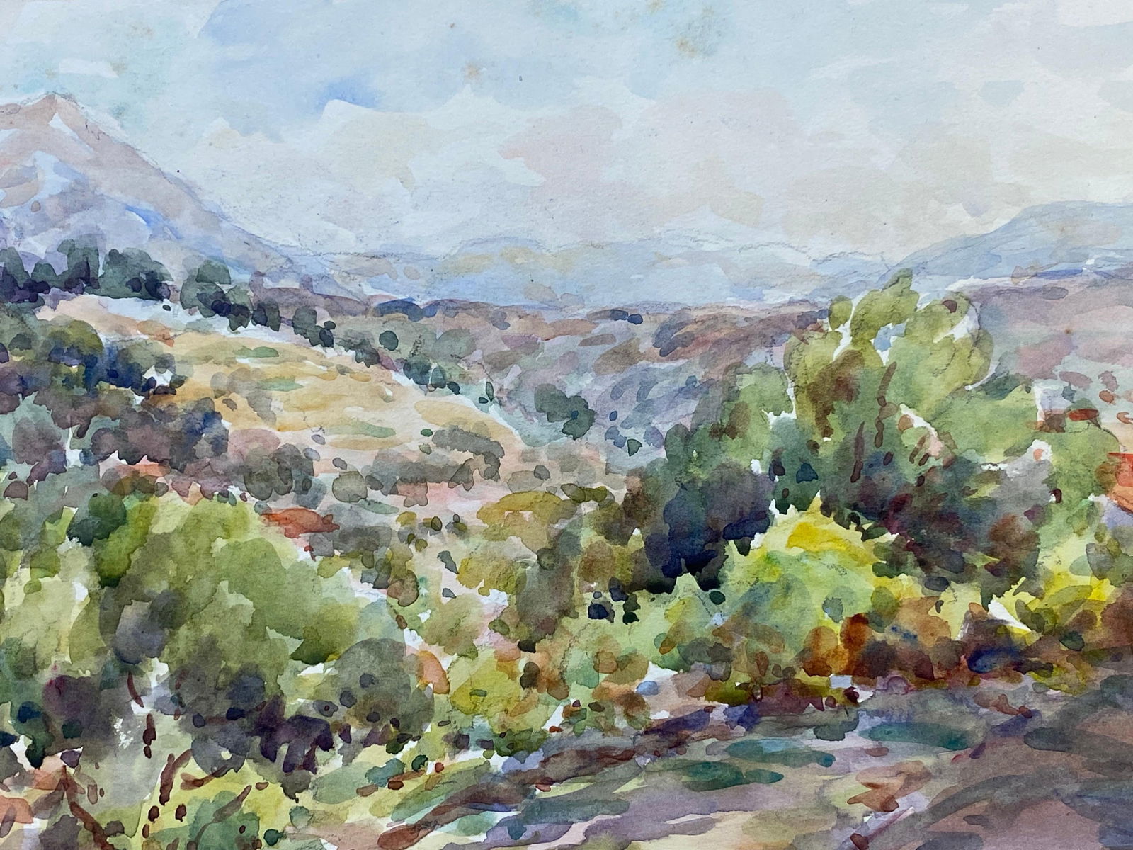 Vence French Signed Watercolour Painting, Open Bright Landscape, circa 1940s - 2