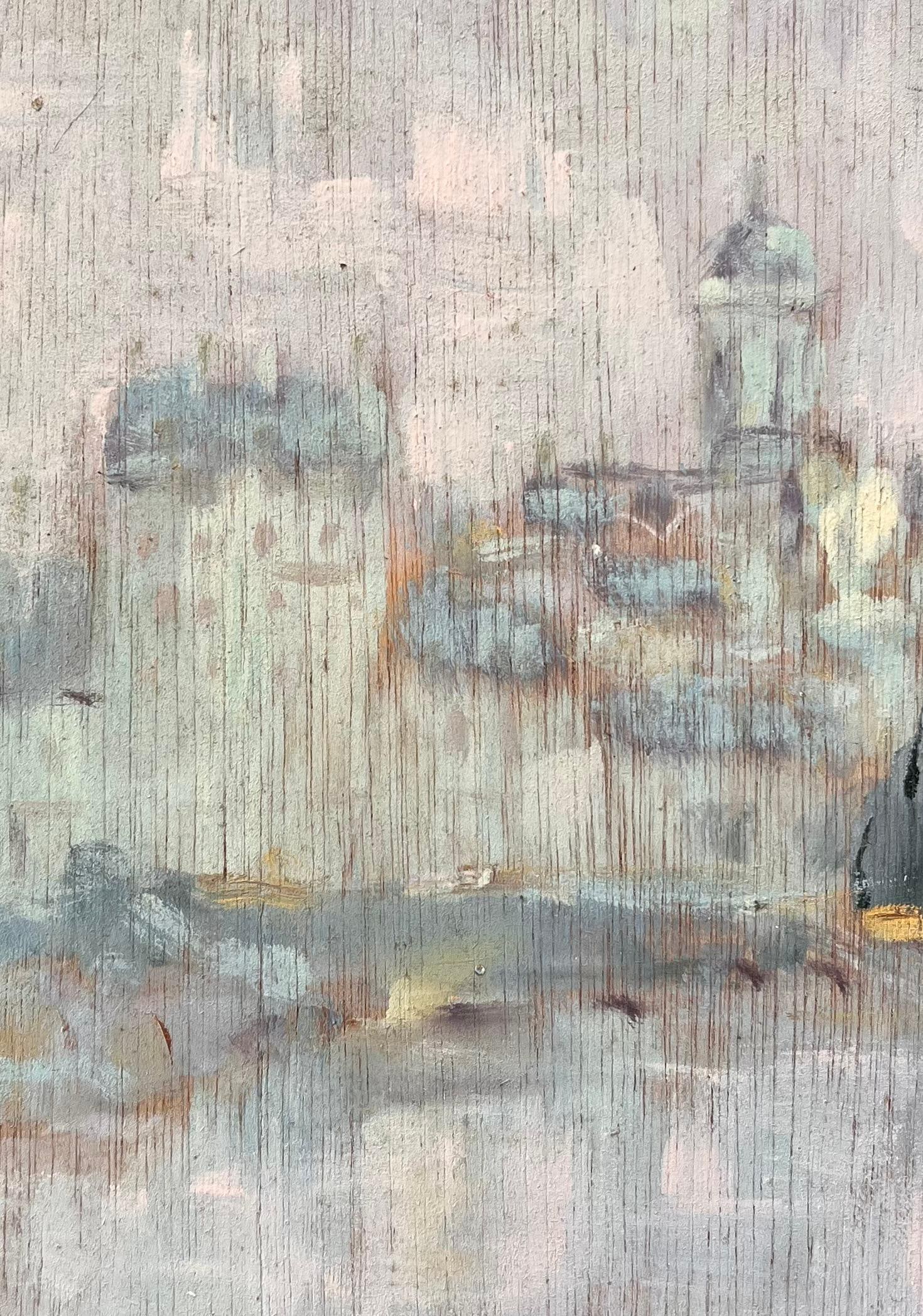 Fanch Lel; Subtle Impressionist Paris Skyline with River Reflection and Notre Dame Dome - 5