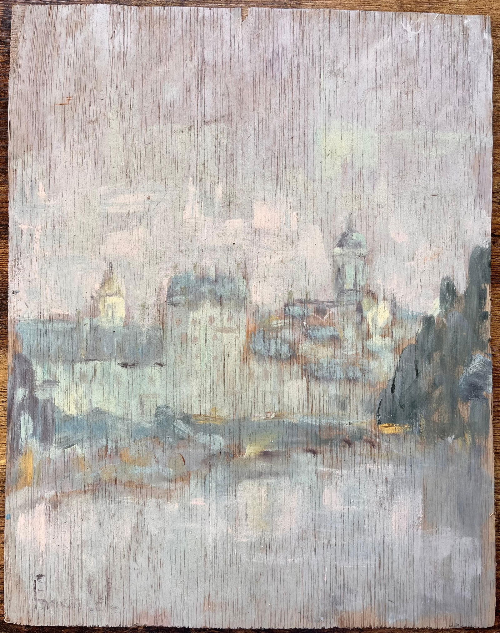 Fanch Lel; Subtle Impressionist Paris Skyline with River Reflection and Notre Dame Dome - 8