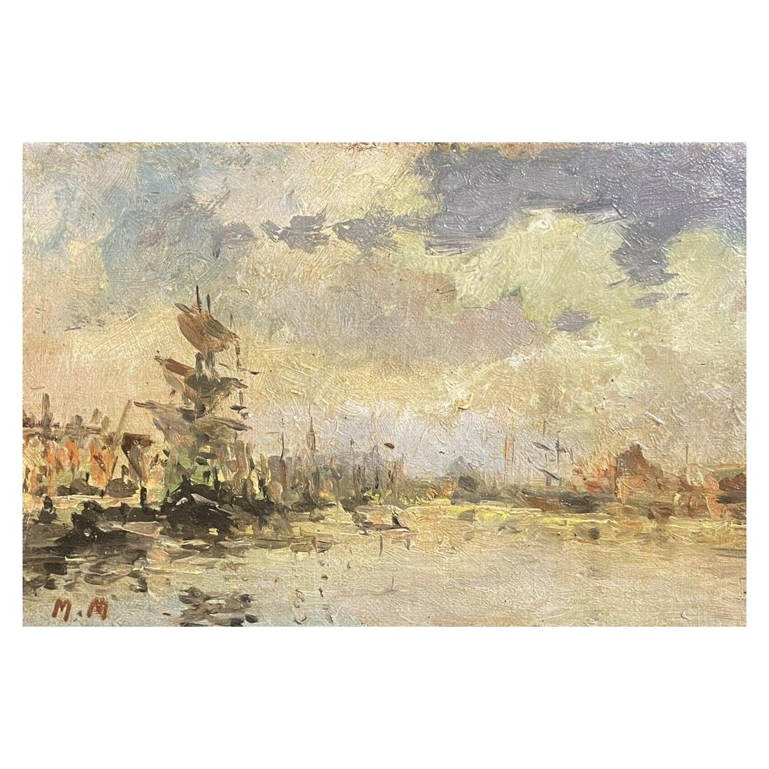 Maurice Mazeilie French Impressionist Signed Oil, Tall Ship in French Harbour, 1990-1999 - 7