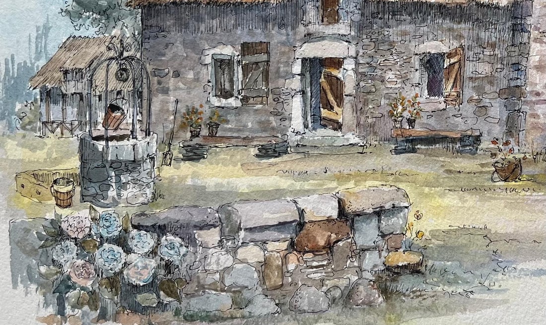 Robert Lepine (1929 - 2017); Brittany Watercolor of Thatched Cottage and a Well in the Countryside, - 17