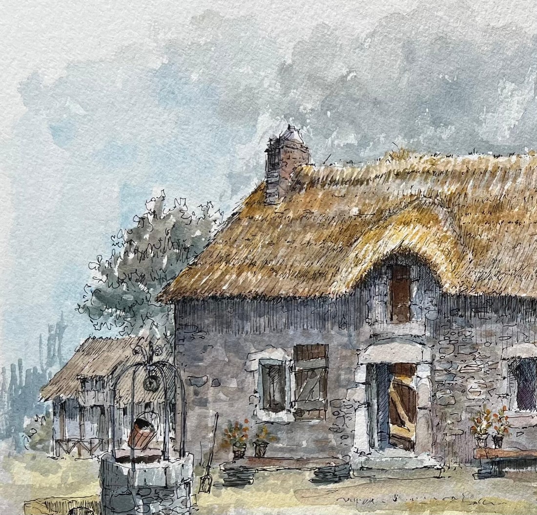 Robert Lepine (1929 - 2017); Brittany Watercolor of Thatched Cottage and a Well in the Countryside, - 3