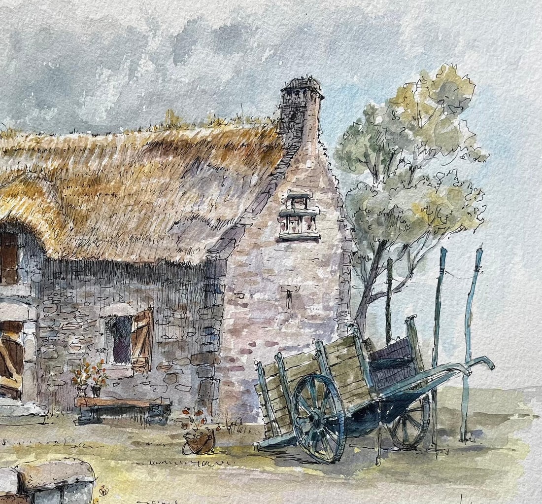 Robert Lepine (1929 - 2017); Brittany Watercolor of Thatched Cottage and a Well in the Countryside, - 4