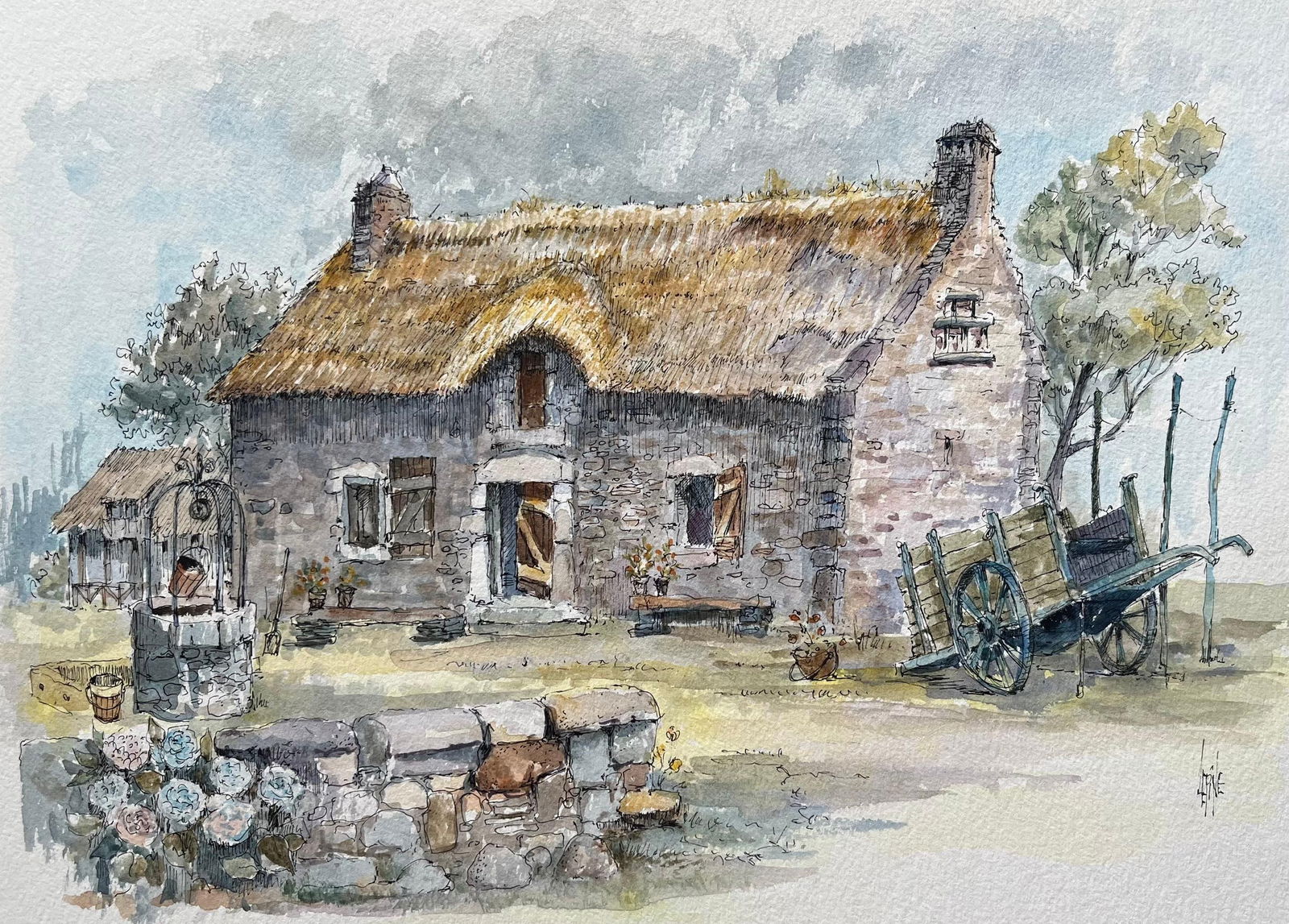 Robert Lepine (1929 - 2017); Brittany Watercolor of Thatched Cottage and a Well in the Countryside, - 7