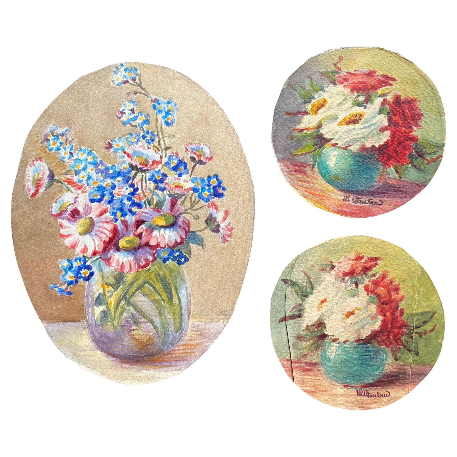 Early 1900's French Impressionist Signed Flower Watercolours Y Marie Carreau, circa 1900s - 2